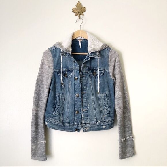 Free People Half Knit Distressed Denim Jacket - Picture 1 of 13